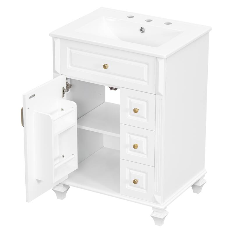 24"Bathroom Vanity with Sink, Freestanding Vanity Cabinet with Flip-Out Drawer, 3 Drawers & Storage Cabinet, Ceramic Sink Top