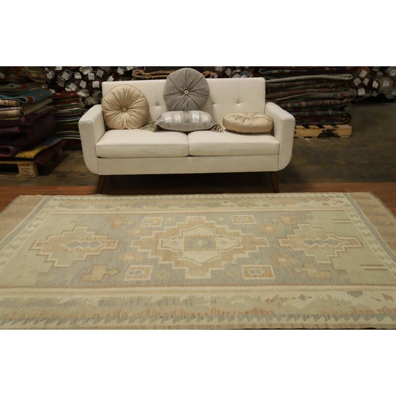 Hand Woven Oriental 100% Wool Carpet Southwestern Tribal Greys & Charcoal Kilim Area Rug - 9' 1'' X 5' 8''