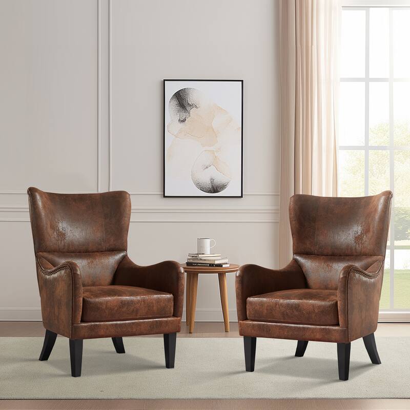 Roomfitters High Back Wingback Accent Chairs with Studded Trim, Upholstered Armchairs for Living Room, Set of 2, Brown - Brown