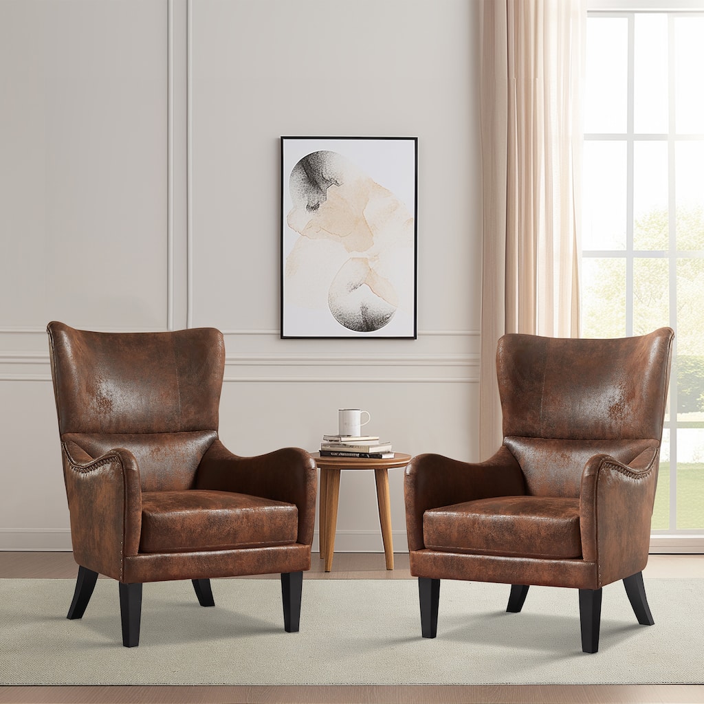 Roomfitters High Back Wingback Accent Chairs with Studded Trim, Upholstered Armchairs for Living Room, Set of 2, Brown