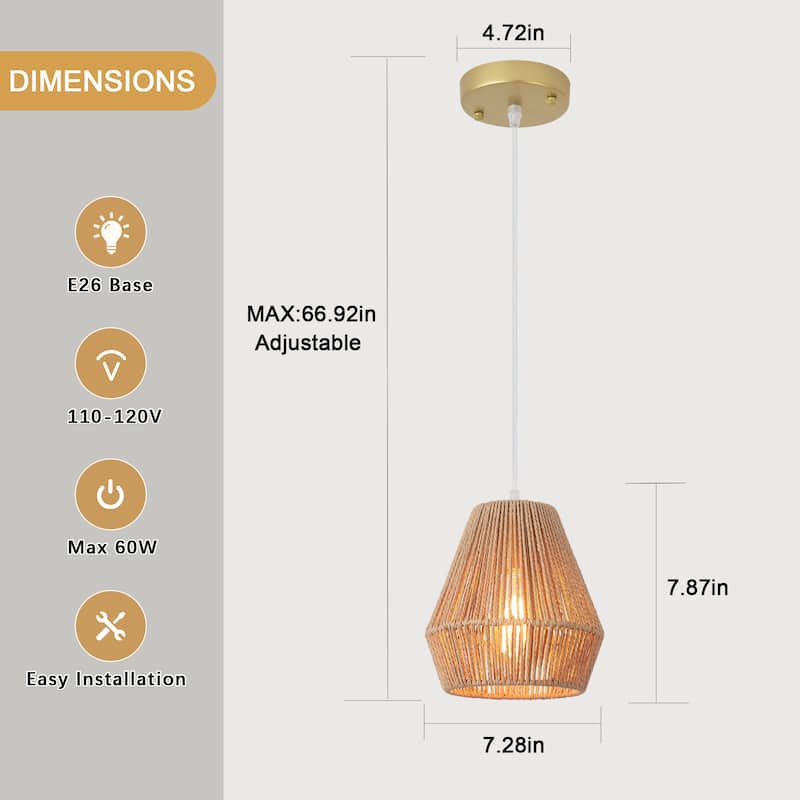 Boho Coastal 1-Light Hand-Woven Rattan Pendant Light for Kitchen Island Hallway (Set Of 2) - 7.28 in