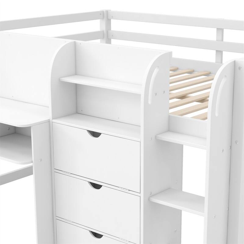 Full Size Low Loft Bed with Bulit-in Desk, Storage Cabinets and Open Bookcase, Wooden Loft Bedframe with Whiteboard for Graffiti