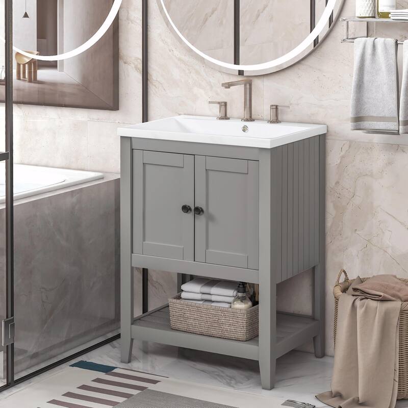 24" Bathroom Vanity with Ceramic Sink and Open Shelf