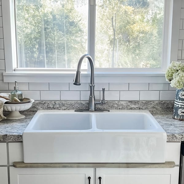 slide 2 of 15, Parker Crisp White Fireclay 34" Double Bowl Quick-Fit Farmhouse Apron Front Drop-in Kitchen Sink and Drains