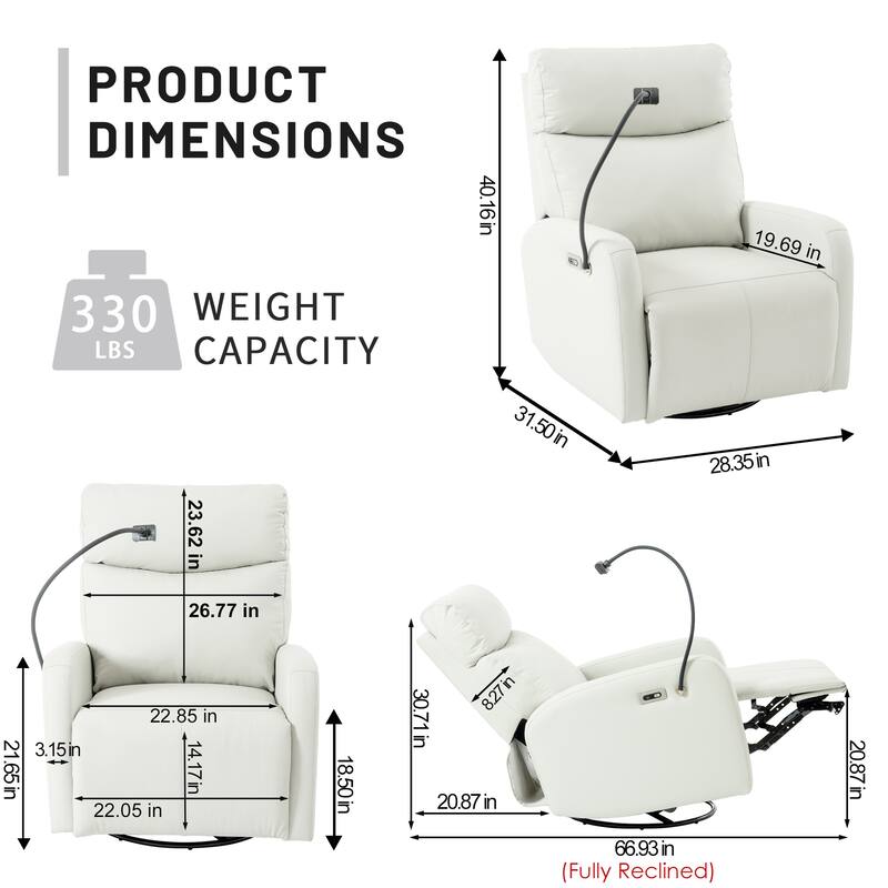 Grey Electric Power Recliner Chair with 270° Swivel, USB Ports and Adjustable Footrest for Living Room & Nursery