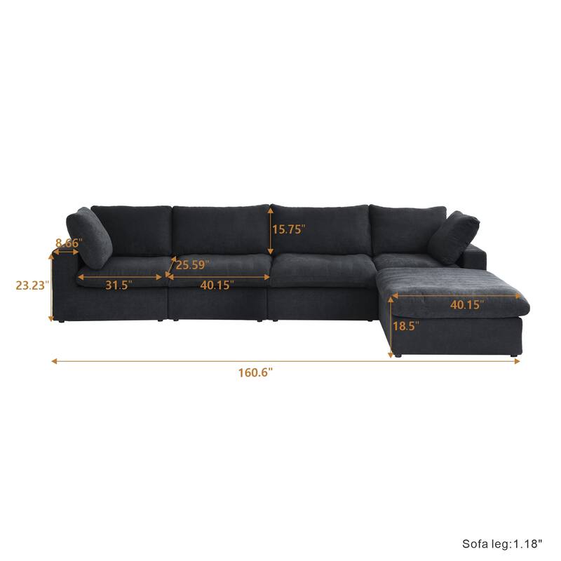 160.6" Modern Linen Sectional Sofa，4-seater Modular Couch with Storage Ottoman for Living Room.