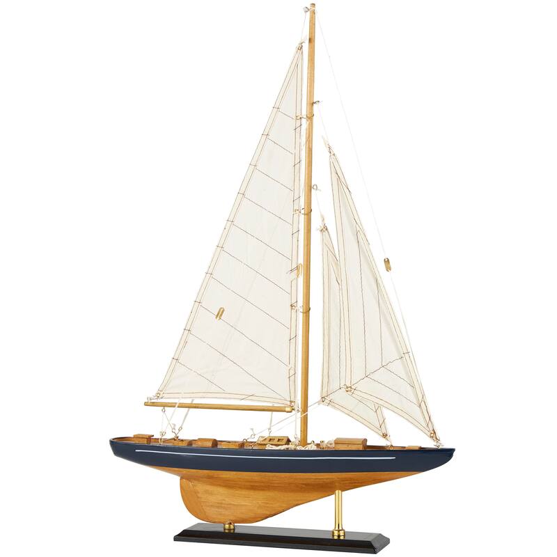Brown Wood Sail Boat Decorative Sculpture with Beige and Navy Accents and Lifelike Rigging