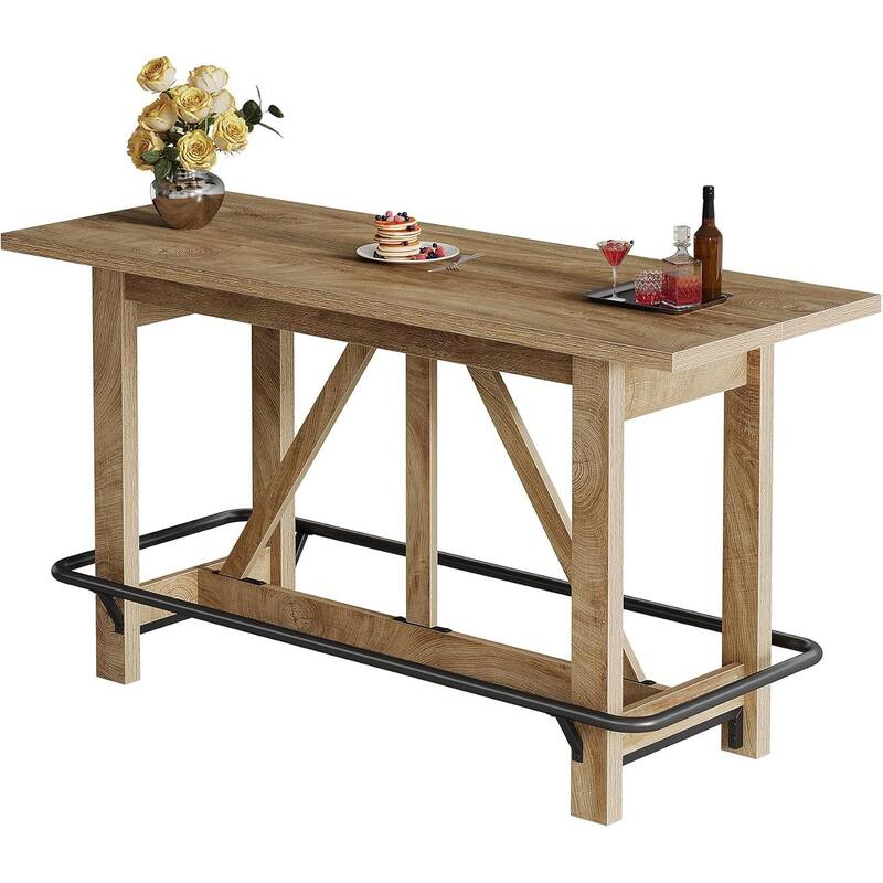 63" Long Bar Table, Farmhouse Counter Height Pub Dining Table with Footrest - 63" L x 23.2" W x 35.4" H