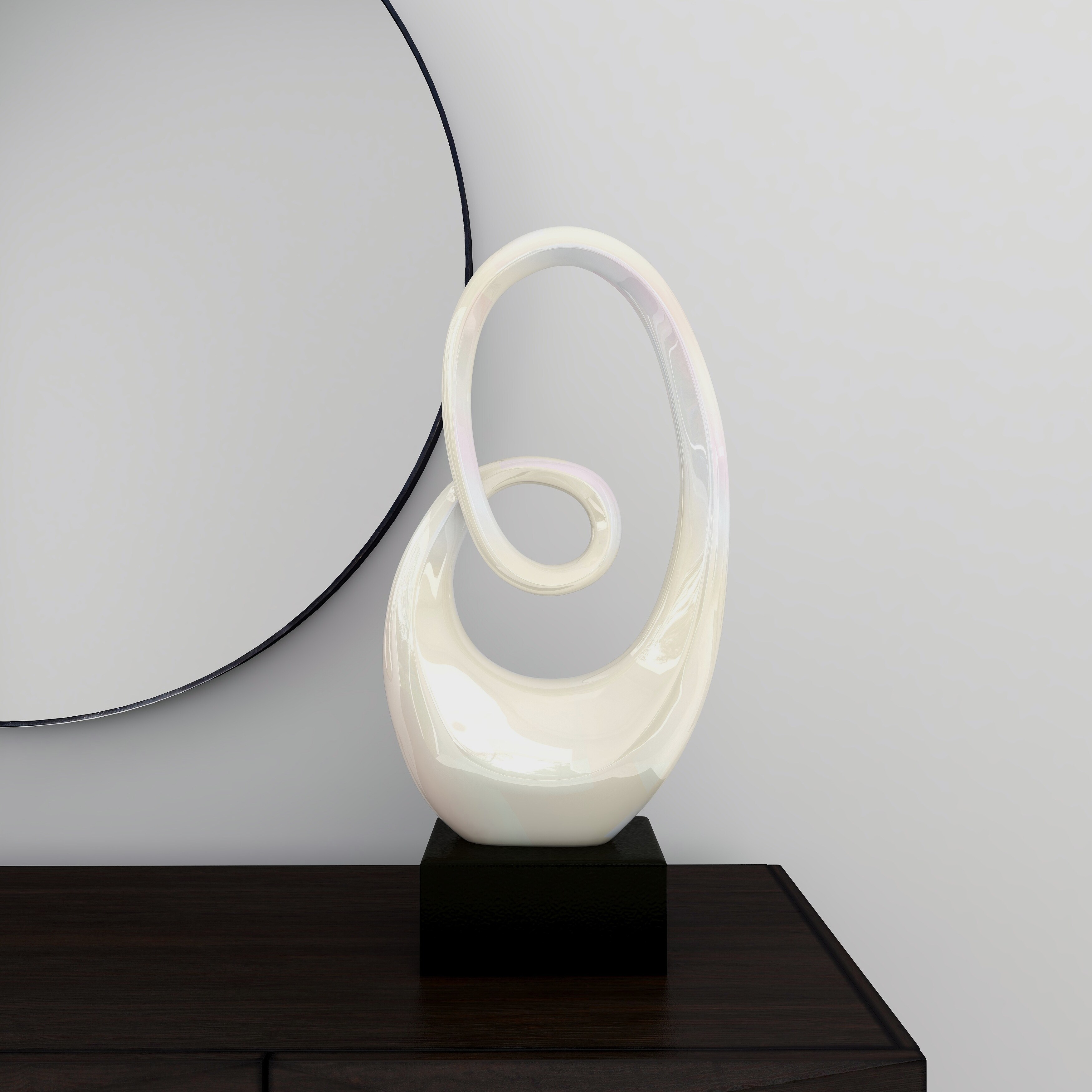 Sleek Ceramic Swirl Abstract Sculpture with Black Wooden