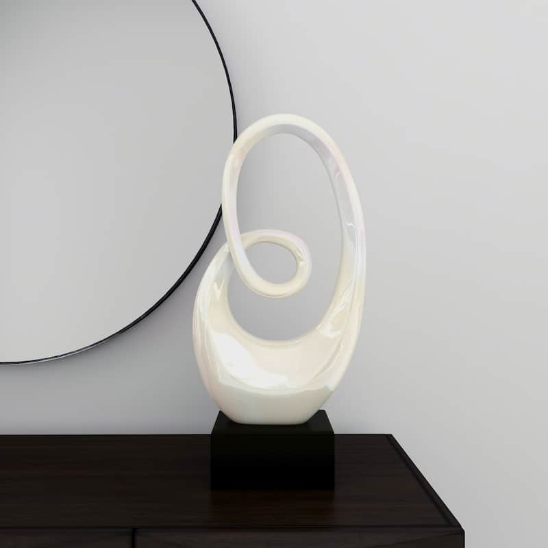 Sleek Ceramic Swirl Abstract Sculpture with Black Wooden Base - Silver or White