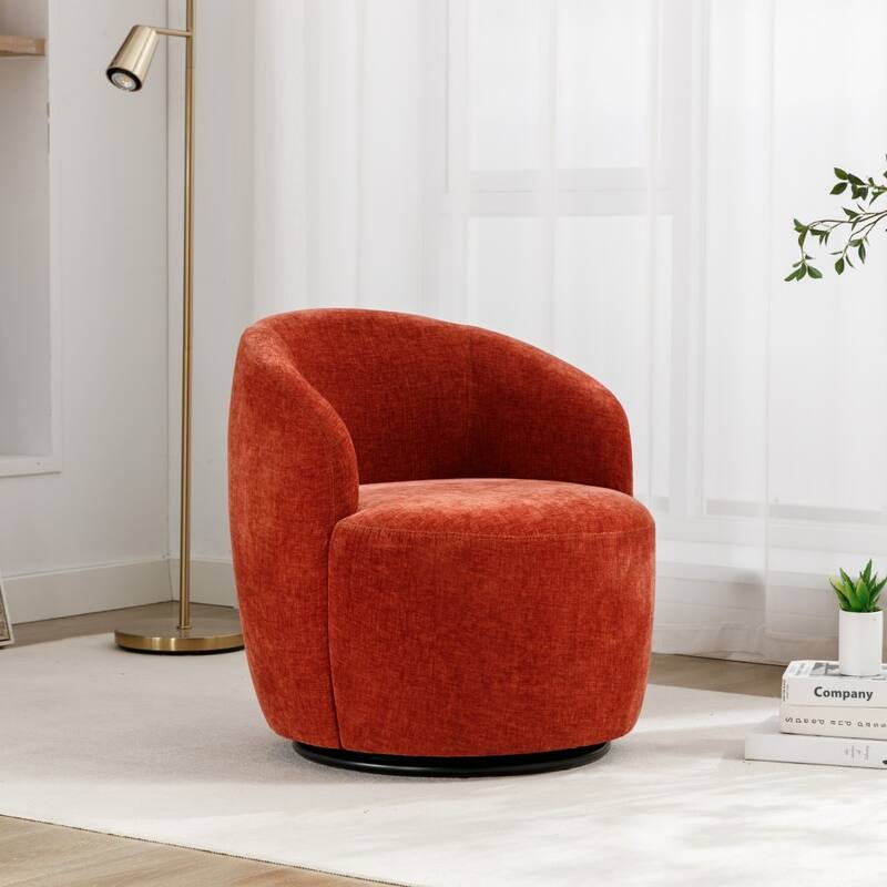 Chenille Fabric Swivel Accent Barrel Armchair with Coating Metal Ring