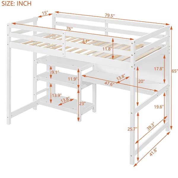 dimension image slide 1 of 2, Twin Size Wooden Loft Bed With Shelves,Desk and Writing Board,Solid Construction