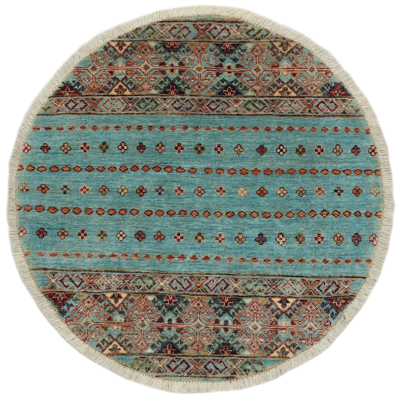 Tribal Khurgeen Dawn Lt. Blue/Orange Hand-knotted Wool Rug - 3'2 x 3'2 - 3'2'' x 3'2''