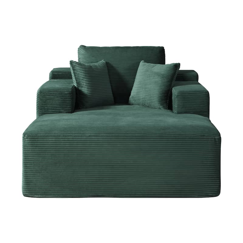 Convertible Chaise Lounge Chair Indoor - Oversized Corduroy Couch with Wide Armrest & Throw Pillows - Dark Green