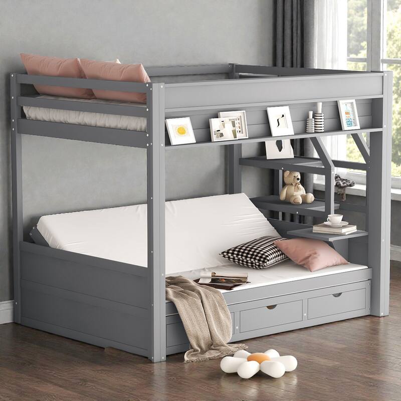 Full Size Convertible Bunk Bed with Storage Staircase, Daybed Pull-Out Design, Bedside Table, and 3 Drawers