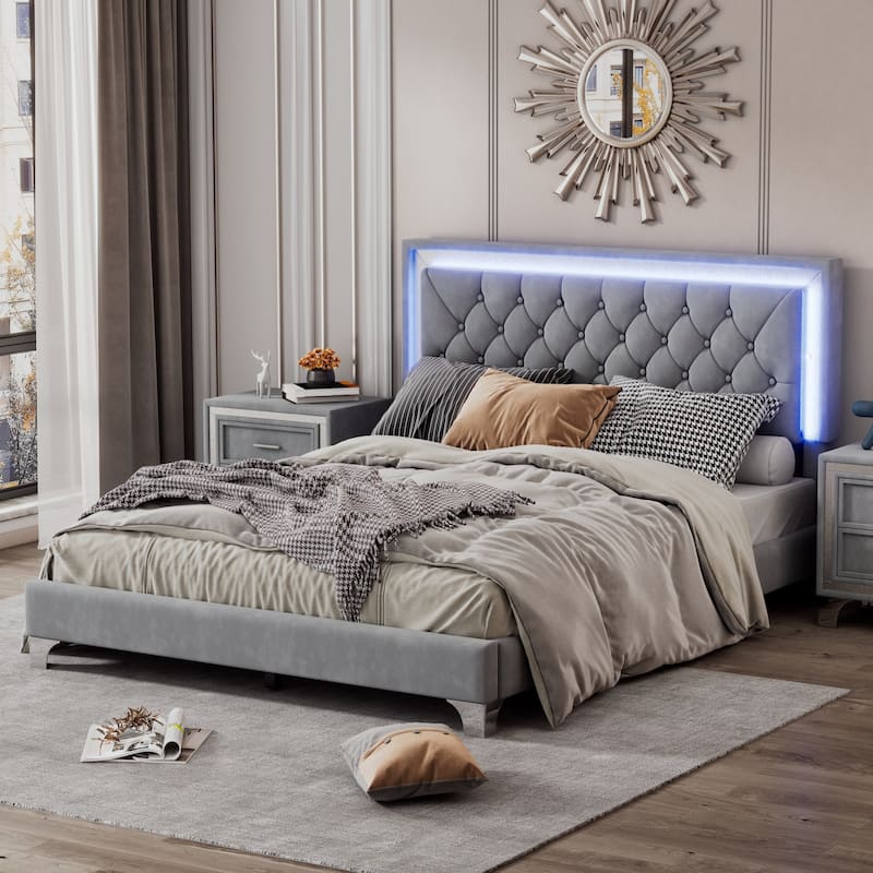 Modern Upholstered Bed Frame with LED Lights and Tufted Headboard - Grey