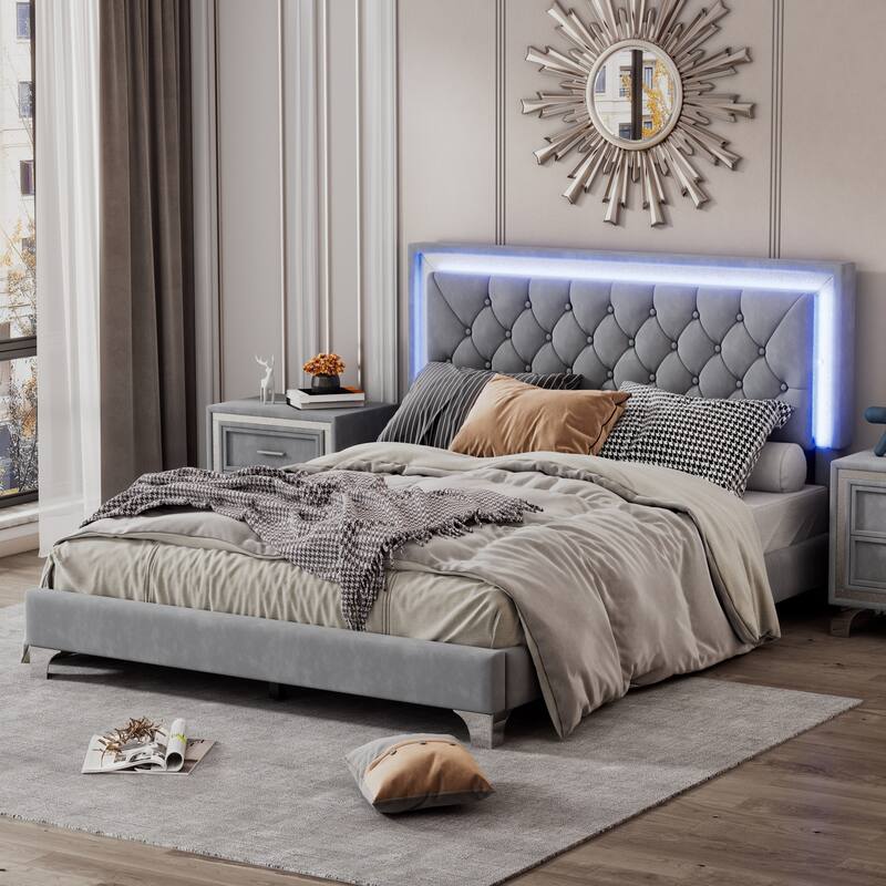 Queen Size Upholstered Bed Frame with LED Lights