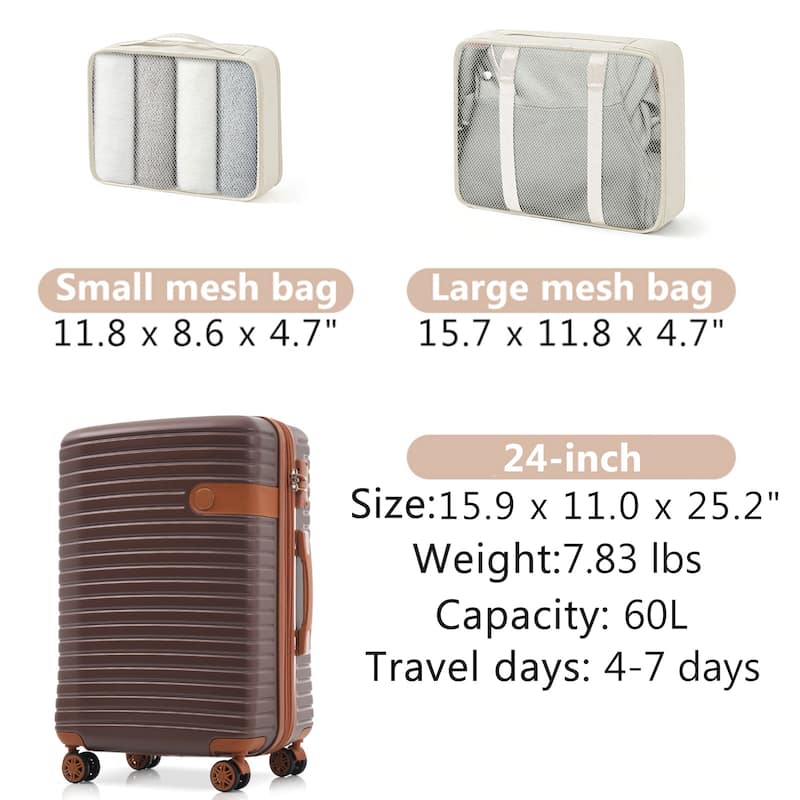 3-Piece Luggage Set, 24-Inch Hardshell ABS Luggage with Spinner Wheels, TSA Lock, 2 Packing Cubes
