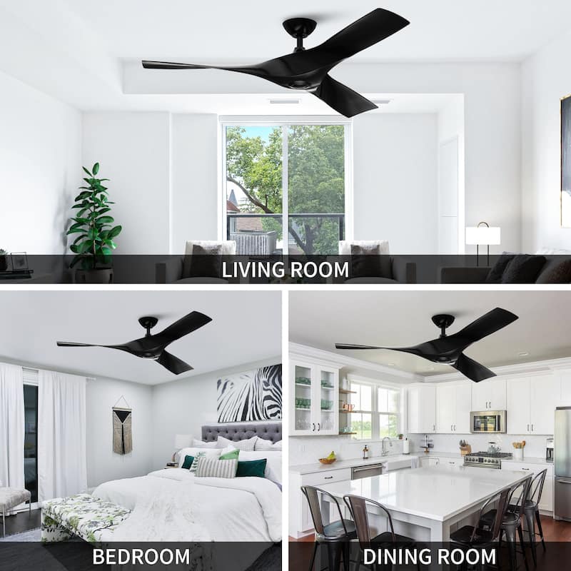 52-inch Modern Black ABS 3-Blade Propeller Ceiling Fan without Light