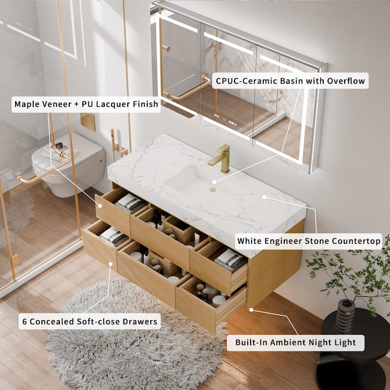 Modland 48" Floating Bathroom Vanity with Single/Double Sink, Modern Maple Wood Wall Mounted Vanity with Marble Countertop