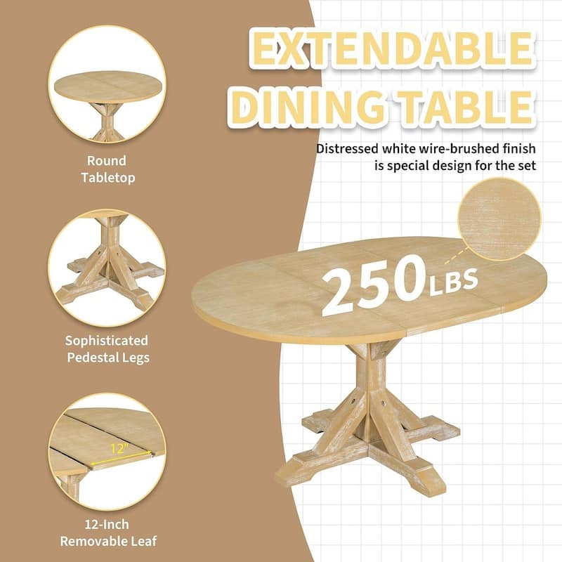 6 PCS Farmhouse Dining Table Set for 6 with Extendable Oval Table