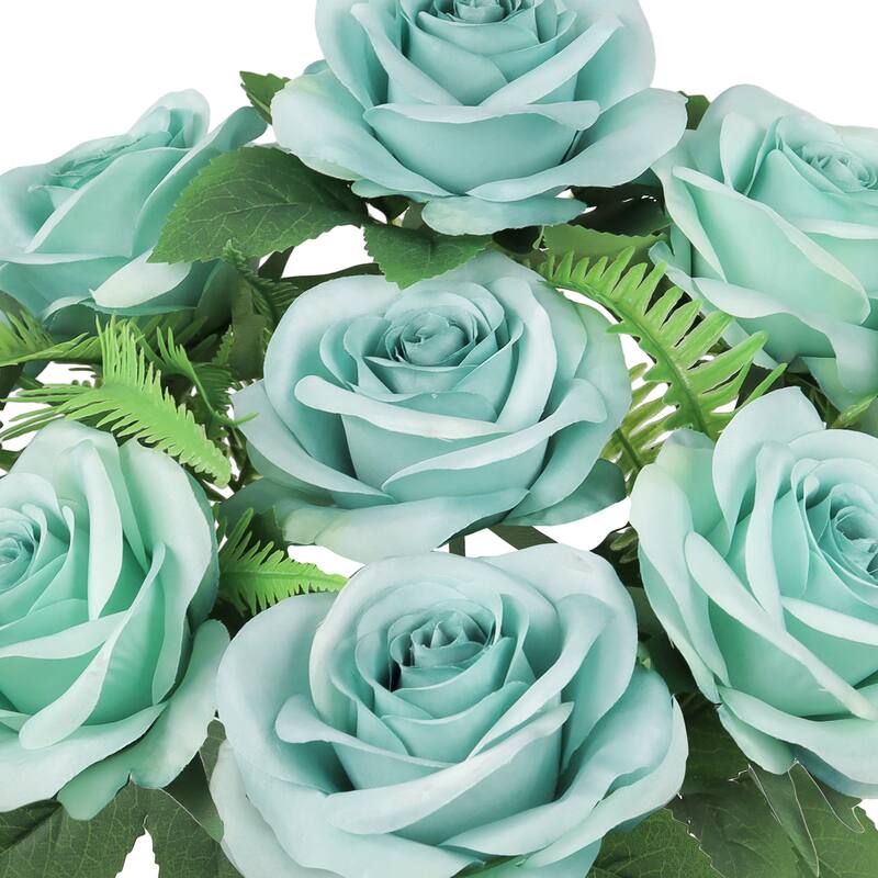 Set of 2 Light Turquoise Artificial Rose Flower Stem Bush Bouquet 18in - 18" L x 10" W x 10" DP