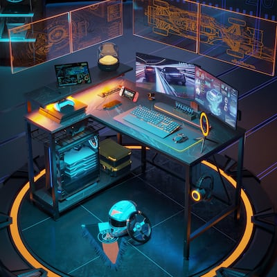 Bestier 42" Gaming Desk with Power Outlets, L-Shaped Desk with LED Lights and Reversible