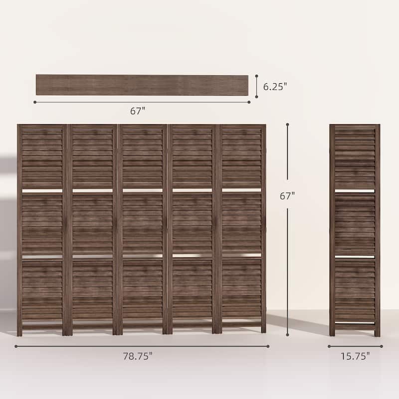 HOMCOM 5 Panel 67" Tall Wood Room Divider, Privacy Screen with 3 Display Shelves, and Folding Storage for Bedroom or Home Office