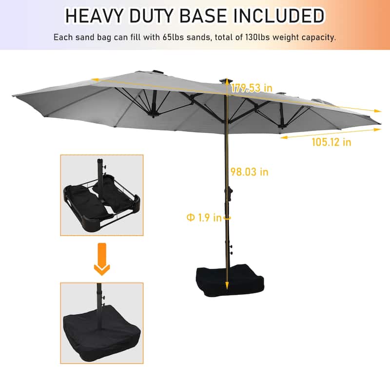180'' x 108'' Rectangular Fiberglass Lighted Market Umbrella with Base