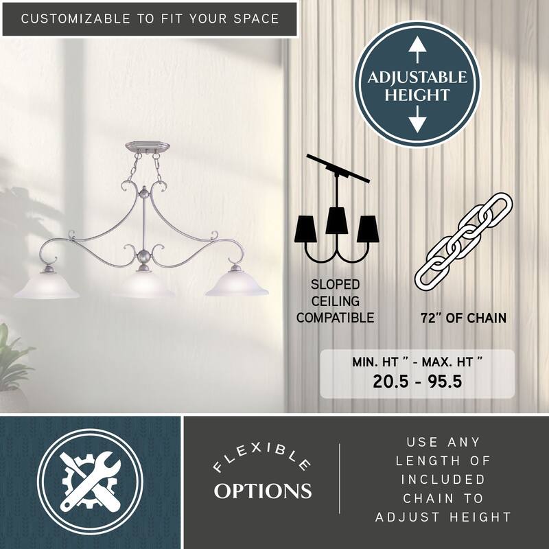 Monrovia 3L Linear Chandelier Island Pendant Light Fixture White Glass - 43.75-in W x 20.25-in H x 11.25-in D