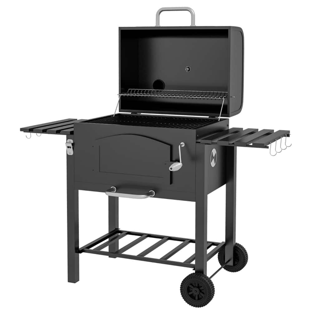 Black Charcoal BBQ Grill with Adjustable Air Vents Folding Side Tables and Wheels for Patio - 48.8" L x 26" W x 44.1" H