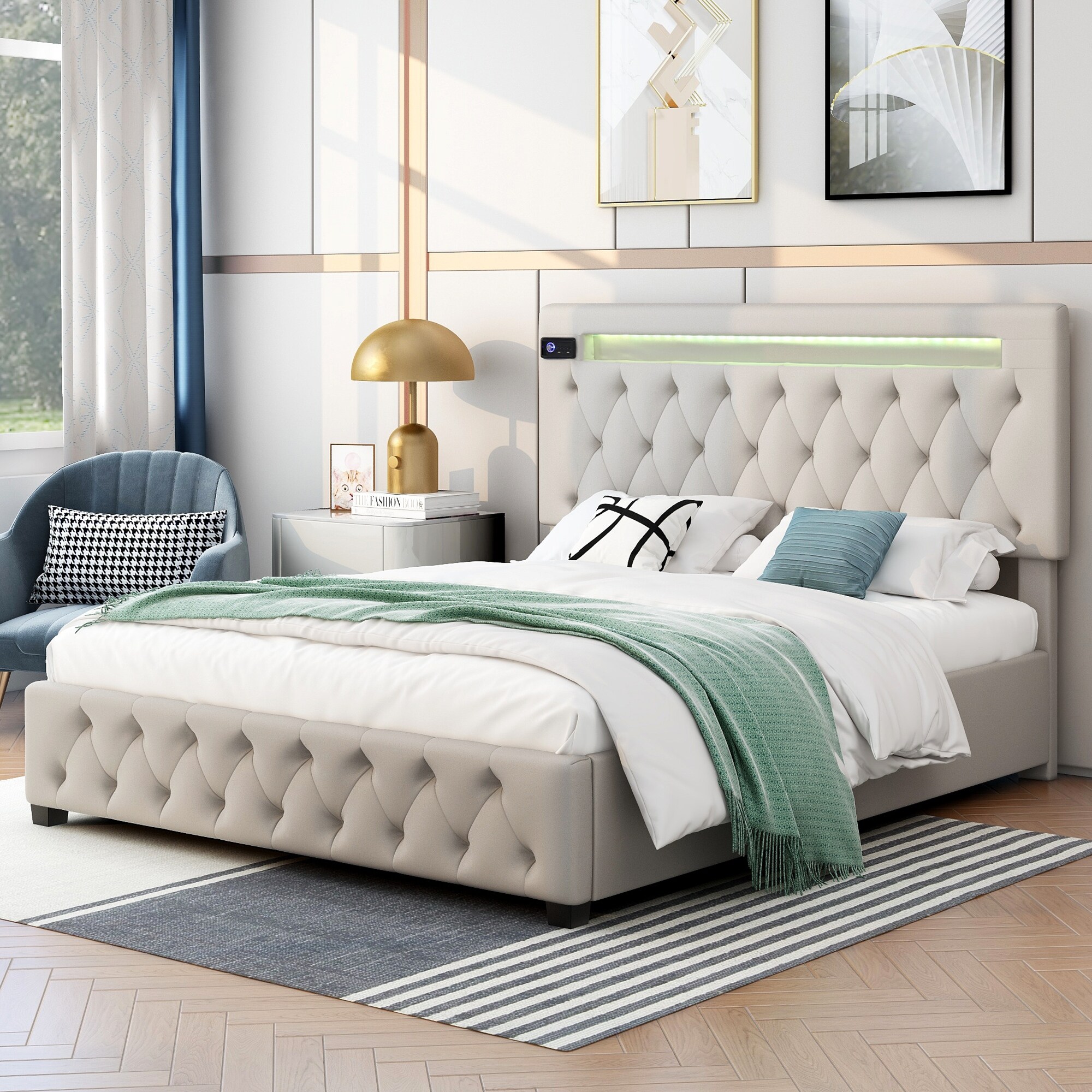 Queen Size Upholstered Storage Platform Bed Adjustable Headboard