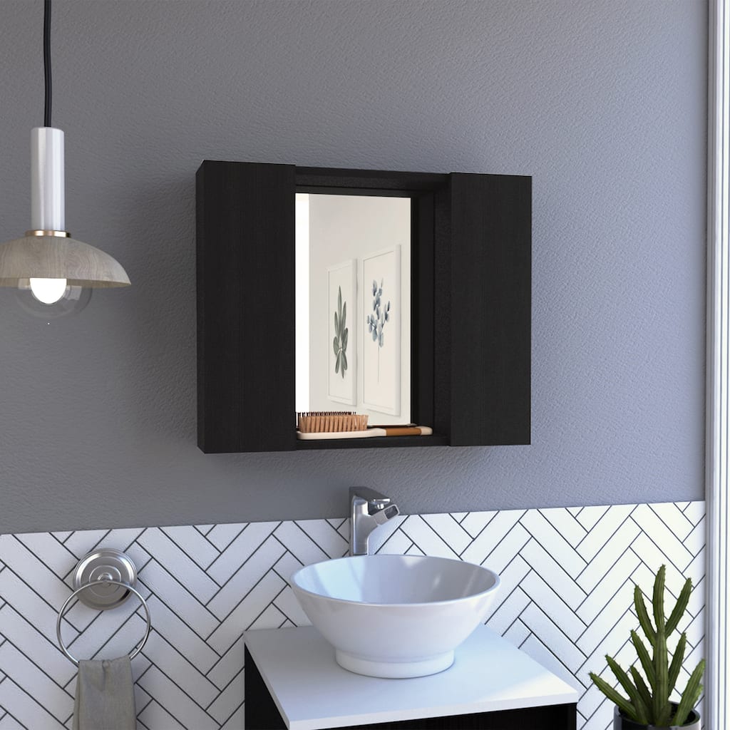 Bathroom Medicine Cabinet, Double Door, Mirror, One External Shelf