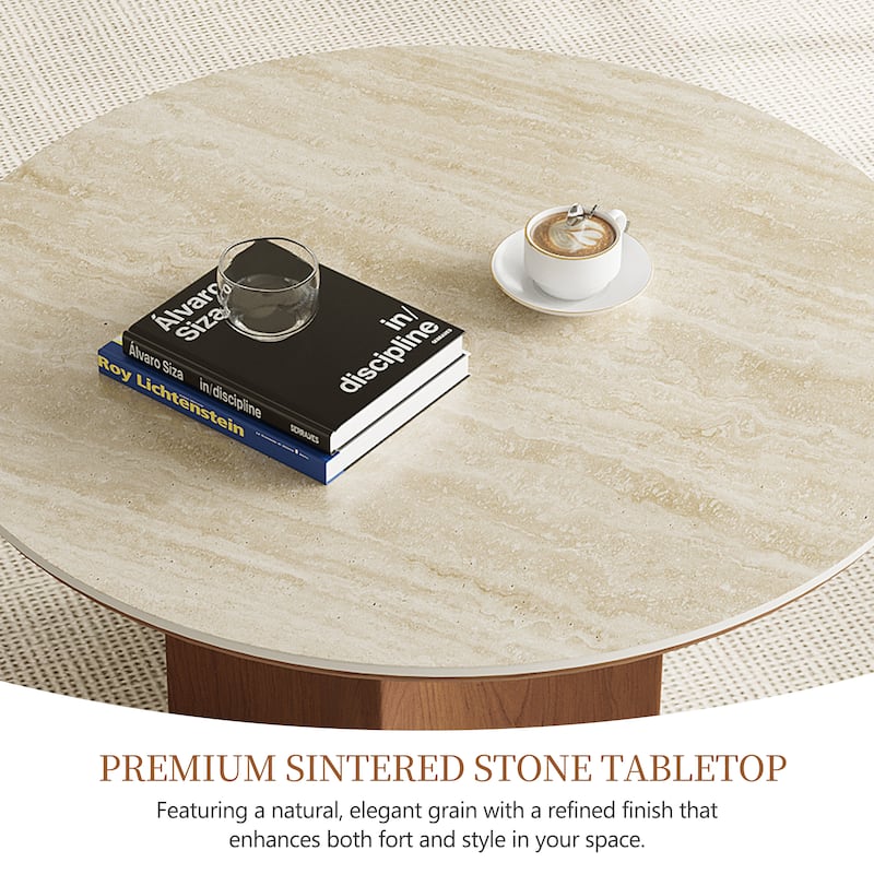 Mid-century Modern Coffee Table,35.43" With Sintered Stone Table Top, Solid Wood Legs