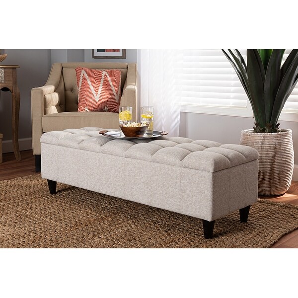 Jayden Beige Fabric Dark Brown Finished Wood Storage Bench Ottoman