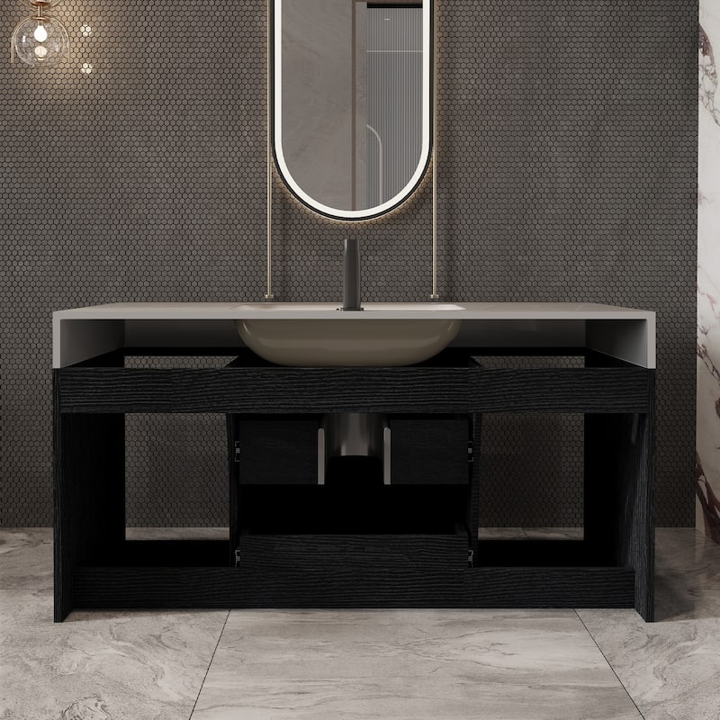 GDFStudio - Modern 39.4" Wall Mounted Floating Sintered Stone Bathroom Vanity with Seamless Ceramic Sink & Soft-Close Drawers