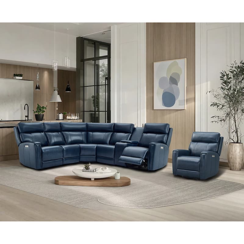 104" W 6 Seater Genuine Leather Power Sectional and 39" W Recliner Set with Zero Gravity, USB Ports, 2 Stationary Armlesschairs - Blue