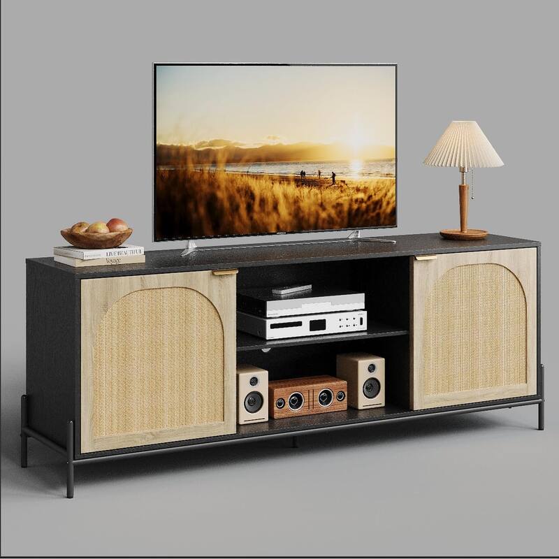 TV Stand for 65 Inch TV, Entainment Center with Storage Cabinets, Rattan TV Console with Adjustable Shelf - 65 inches - Black