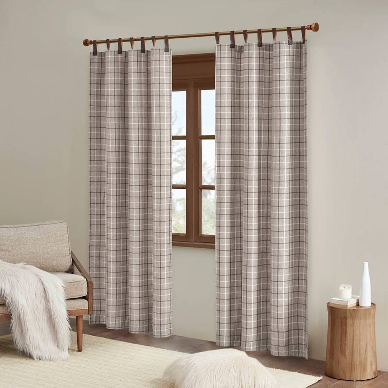 Madison Park Anaheim Plaid Faux Leather Tab Top Single Curtain Panel with Fleece Lining