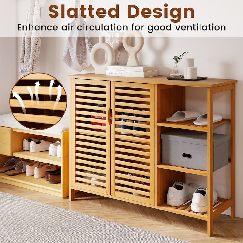 39.5" Natural Wicker Bathroom Storage Cabinet with Open Shelves and 2-Door for Kitchen or Living Room - 39.5" x 14" x 31.5"