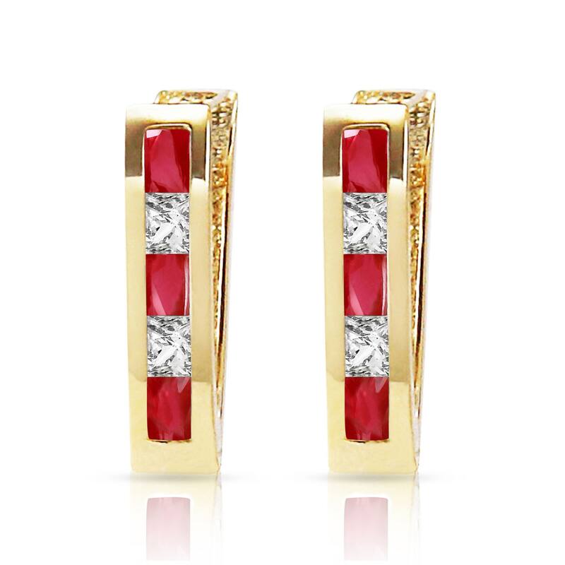 1.26 Carat 14K Solid Gold Ruby White Topaz Hoop Gemstone Earrings