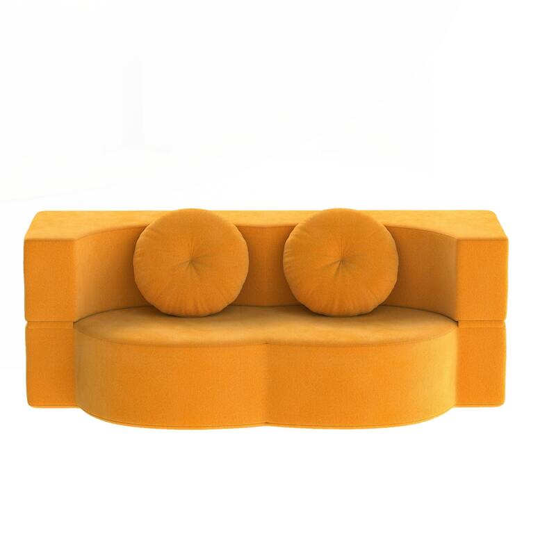 Modern Floor Sofa with 2 Pillows,Convertible Plush Corduroy Foam-Filled Sleeper Sofa Bed