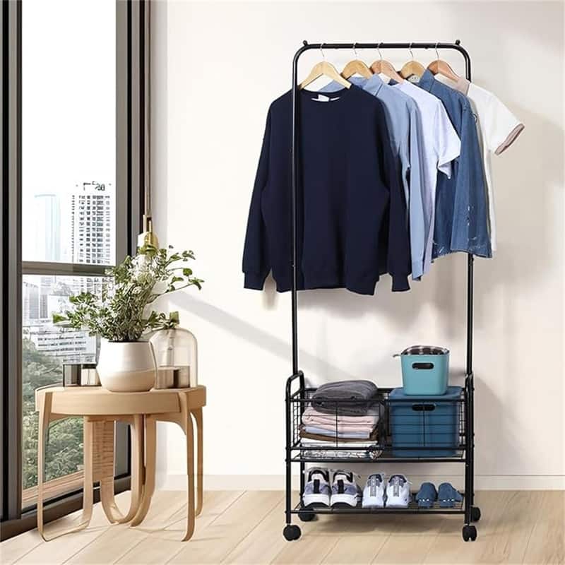 Rolling Laundry Cart with Storage Basket and Hanging Bar - 41.4"D x 22.6"W x 173.5"H - Black