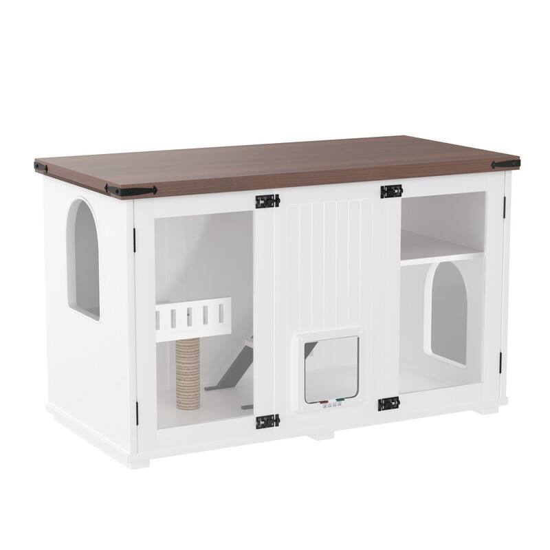 Large Cat Litter Box Enclosure with LED Light and Stairs for Stylish Cat Furniture and Scratch Area