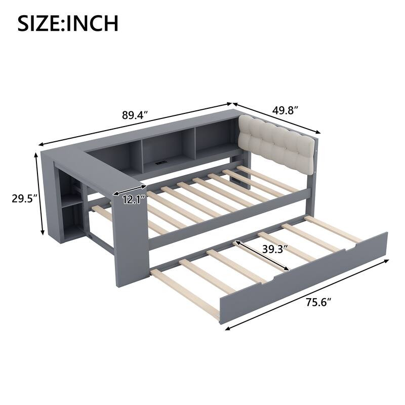Wood Full/Twin Platform Bed with Storage Shelves, Trundle, Charging Station & Upholstered Headboard