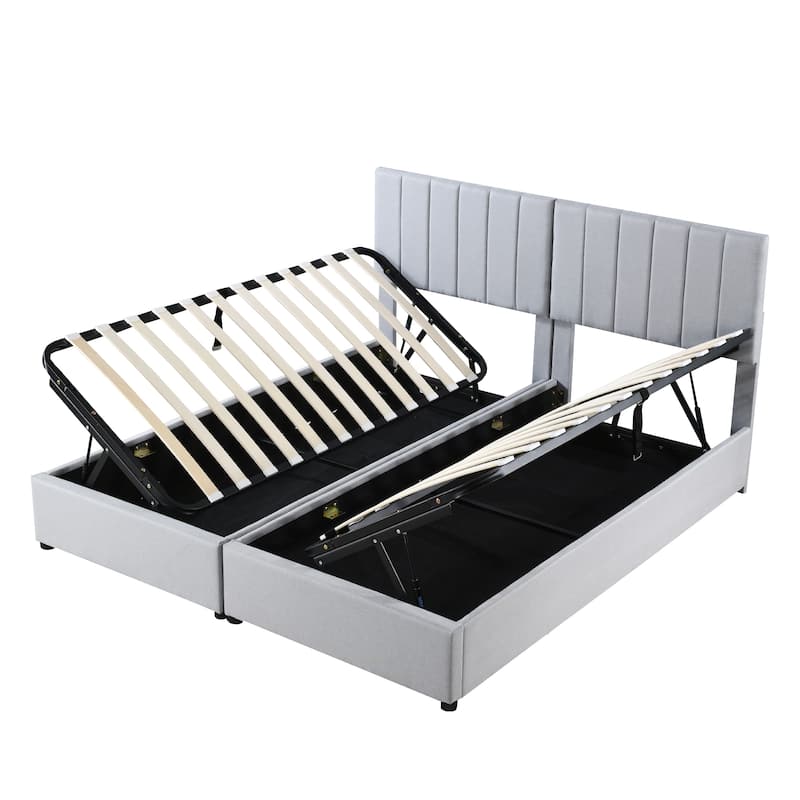 King Size Upholstered Platform Bed with Hydraulic Lift Storage, Vertical Stripe Headboard, and Ample Under-Bed Storage