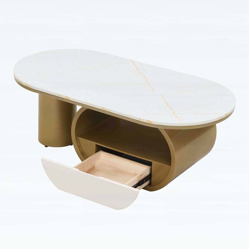 Modern Oval Coffee Table with Storage Drawer,Metal Frame for Living Room Elegance