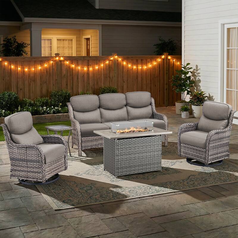 Pocassy Outdoor Fire Pit Sofa Swivel Chairs Conversation Set - Gray Wicker Gray Cushion - 5-Piece Sofa Swivel Chair Table w/ Fie Pit Table