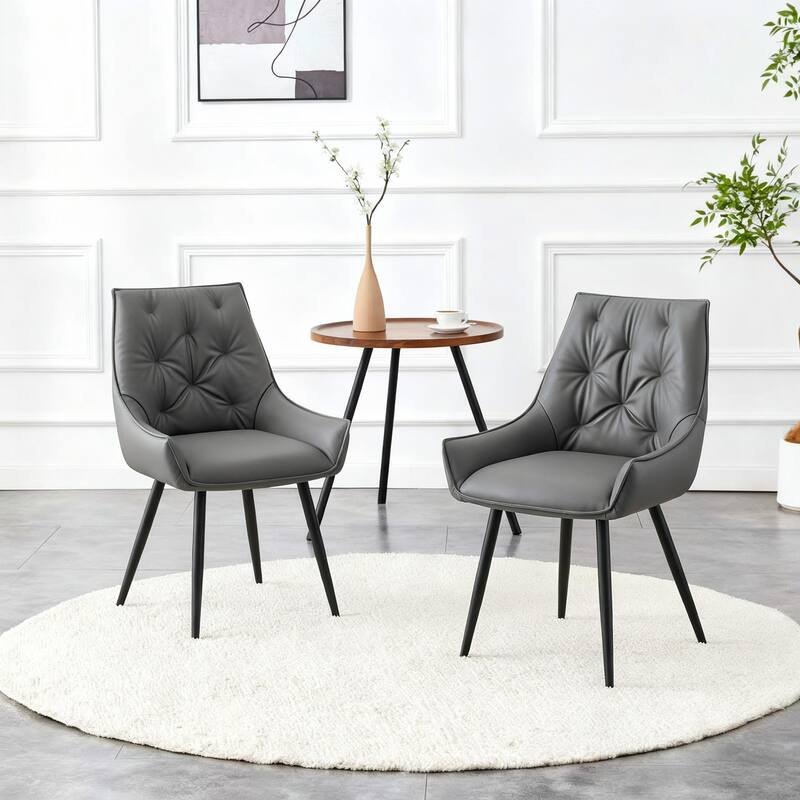 Dining Chairs Set of 2, Faux Leather Dining Room Chair, Metal Kitchen Chairs with Mesh Texture and Sanded Legs - Dark Gray