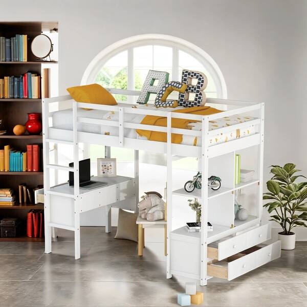 slide 2 of 25, Multifunctional Design Loft Bed with The Loft Bed with Drawers, Cabinets, Shelves, and Desk White